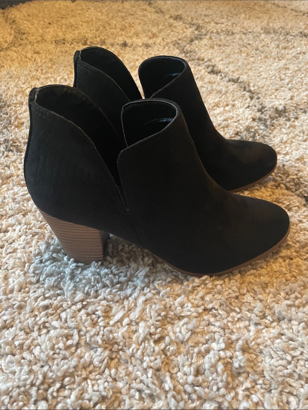 Fergalicious Black Suede-Look Ankle Booties with Stacked Heel
